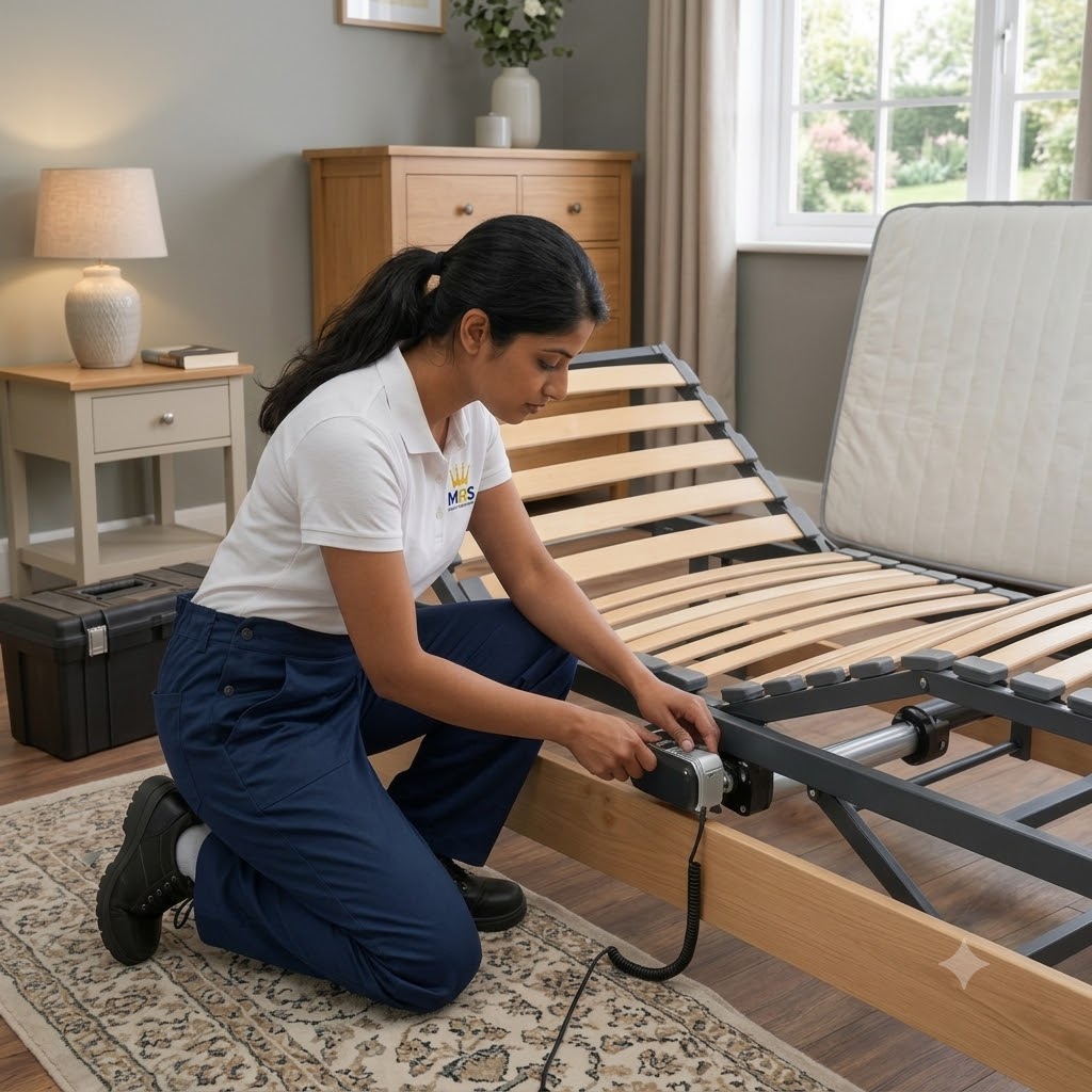 Mobility Repair Shop engineer repairing an adjustable bed in a customer home