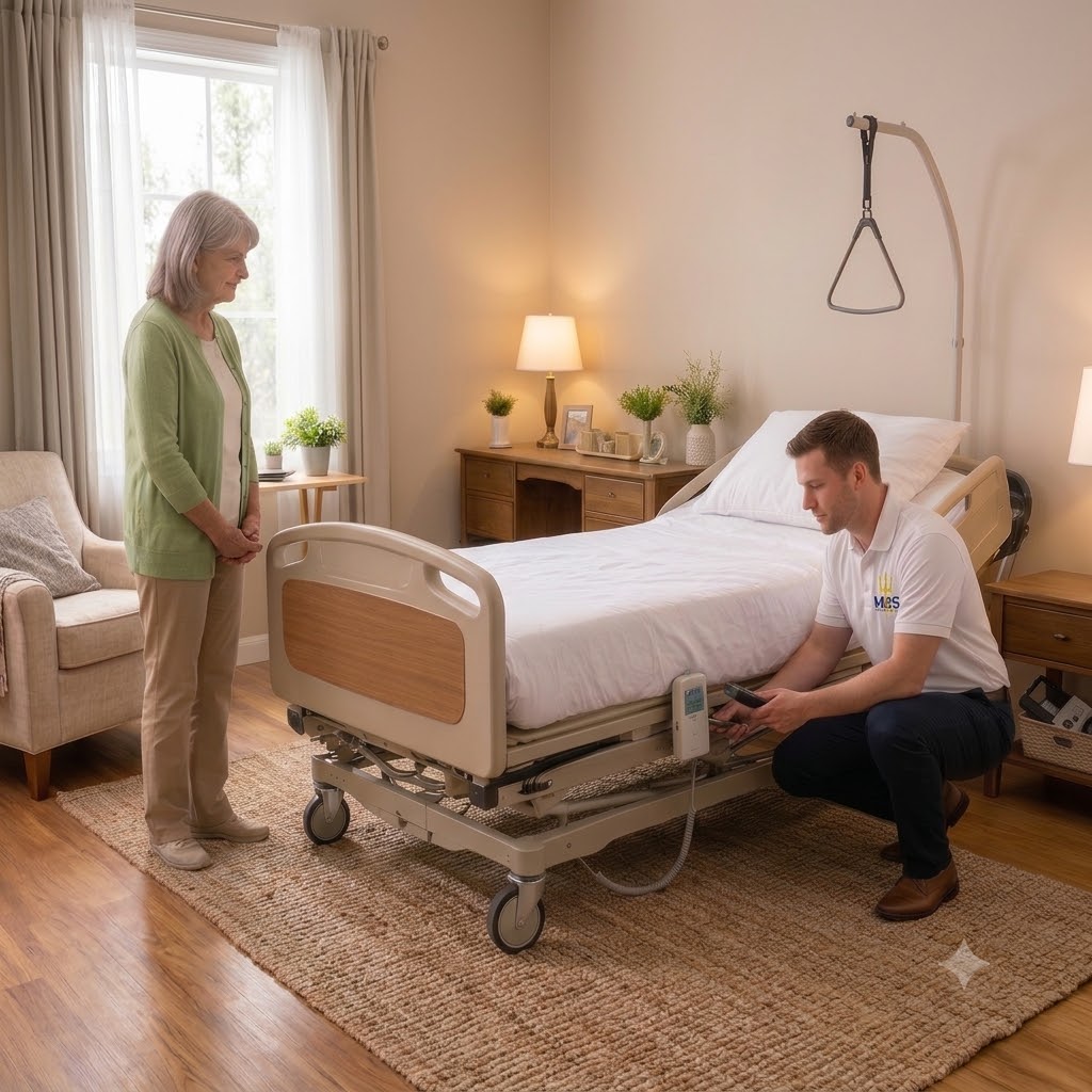 Mobility Repair Shop engineer servicing a medical bed in a home setting