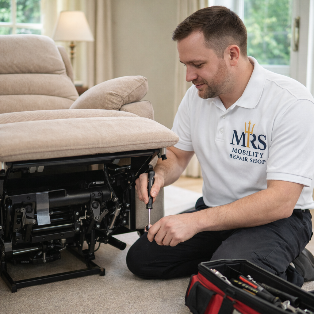 Mobility Repair Shop engineer repairing a rise recliner chair