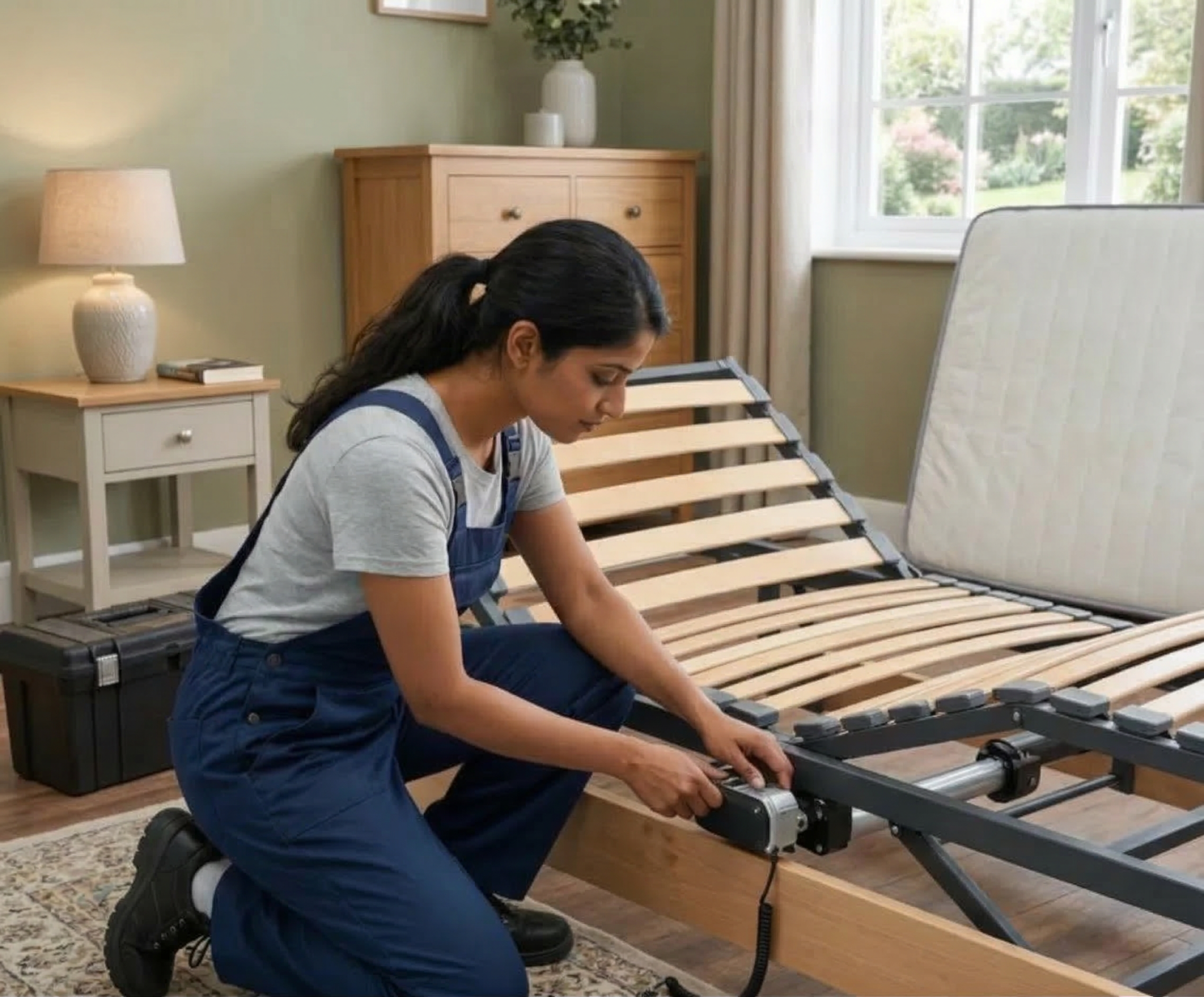 Engineer repairing electric adjustable bed motor mechanism