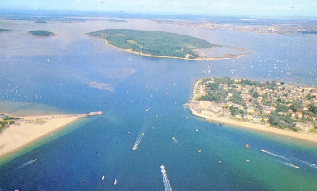 Aerial view of Poole harbour and coastline Dorset